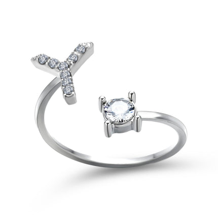 Adjustable Initial Letter Ring – A to Z Alphabet Ring with Sparkling Stones, Gold or Silver ToneSilver53