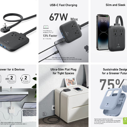 Anker Nano Charging Station (6 - in - 1, 67W) Black Stone