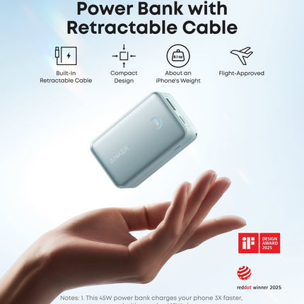 Anker Nano Power Bank (10K, 45W, Built - In Retractable USB - C Cable) Teal Oasis