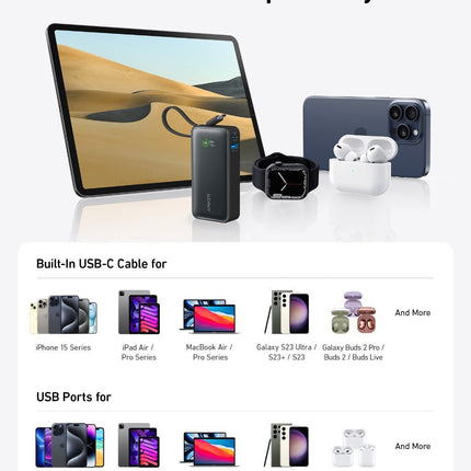 Anker Nano Power Bank (30W, Built - In USB - C Cable)Black Stone6
