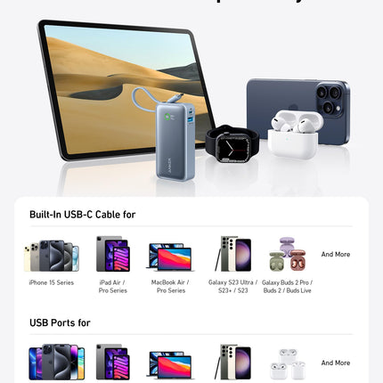 Anker Nano Power Bank (30W, Built - In USB - C Cable)Ice Lake Blue18