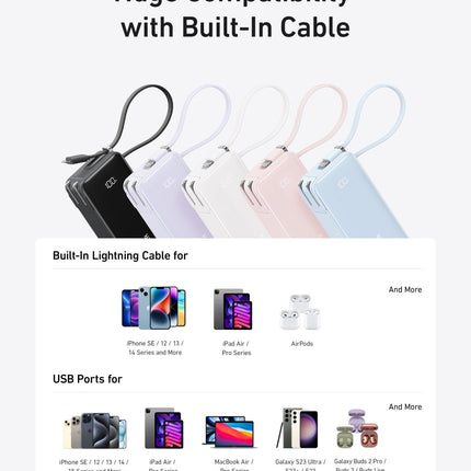 Anker Power Bank (10K, Fusion, Built - In Cable) Built - In Lightning Cable