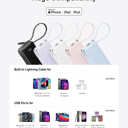 Anker Power Bank (10K, Fusion, Built - In Cable) Built - In Lightning Cable