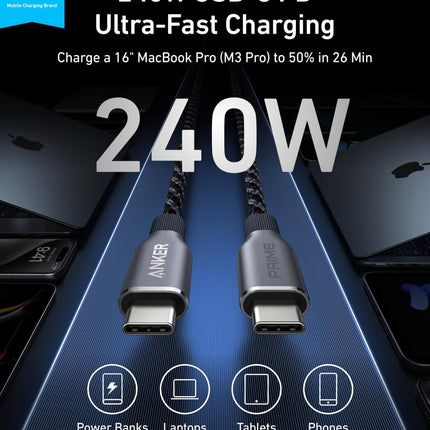 Anker Prime USB - C to USB - C Cable (240W, Upcycled - Braided) 3 ft