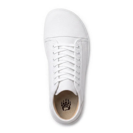 Bearfoot Ursus CHTG2 white canvas high-top barefoot shoe – angle view 2