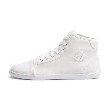Bearfoot Ursus CHTG2 white canvas high-top barefoot shoe – angle view 6