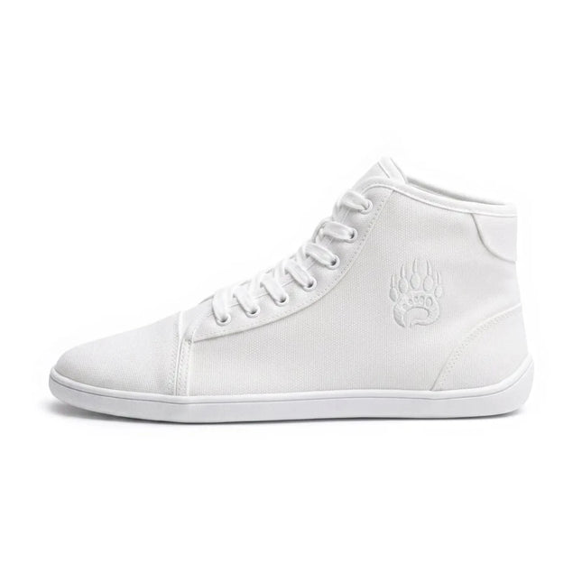 Bearfoot Ursus CHTG2 white canvas high-top barefoot shoe – side view