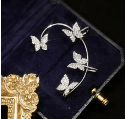 Butterfly Ear Cuff Earrings – Sparkling Ear Climber Clip and Hook, Gold or Silver ToneSilver Tone5