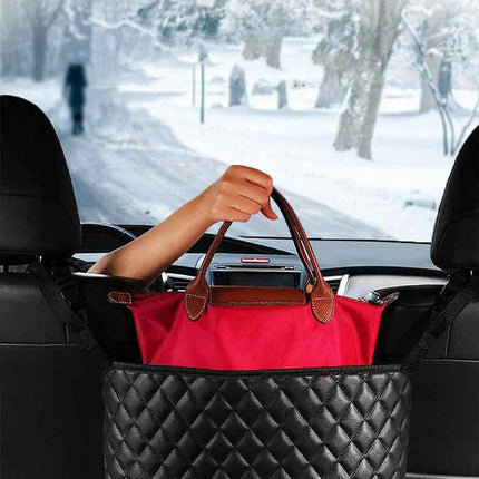 Car Seat Handbag Holder – PU Leather Front Seat Purse & Storage OrganizerBlack Quilted Diamond2