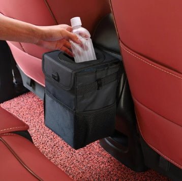 Car Trash Can with Lid – Leakproof Hanging Garbage Bin & Organizer with PocketsBlack1