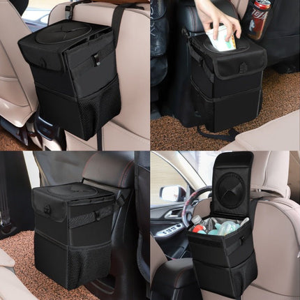 Car Trash Can with Lid – Leakproof Hanging Garbage Bin & Organizer with PocketsBlack6