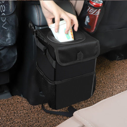Car Trash Can with Lid – Leakproof Hanging Garbage Bin & Organizer with PocketsBlack4