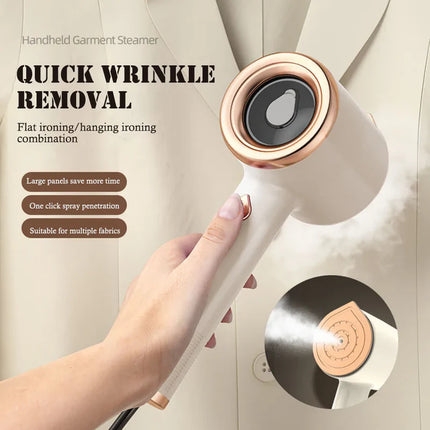 Mini handheld garment steamer – beige, steaming a shirt