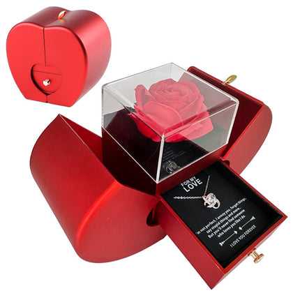 Preserved rose jewelry gift box with necklace – open box with card