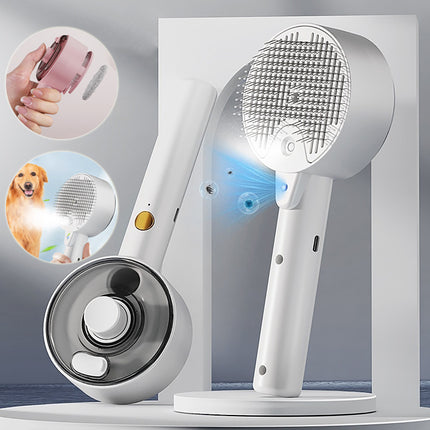 Pet steam spray grooming brush – white with spray mist