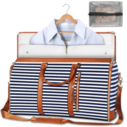 Foldable Garment Duffle Bag – Convertible Travel Bag with Hanging Suit CompartmentBlue Stripes9