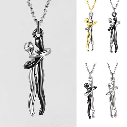 Hug Pendant Necklace – Two Figures Embrace Charm Necklace for Couples, Gold, Silver or Rose Gold ToneBlack1