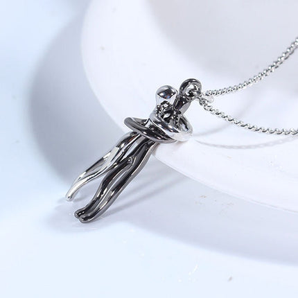 Hug Pendant Necklace – Two Figures Embrace Charm Necklace for Couples, Gold, Silver or Rose Gold ToneWhite black5