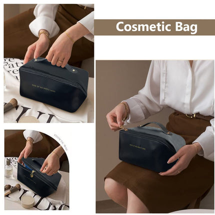 Large Capacity Travel Cosmetic Bag – Open-Flat Makeup Organizer Pouch, PU LeatherBlack5