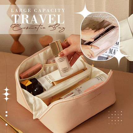 Large Capacity Travel Cosmetic Bag – Open-Flat Makeup Organizer Pouch, PU LeatherBlack2