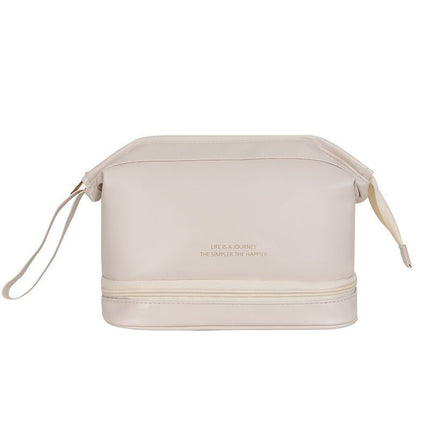 Large Capacity Travel Cosmetic Bag – Open-Flat Makeup Organizer Pouch, PU LeatherWhite – Double Layer13