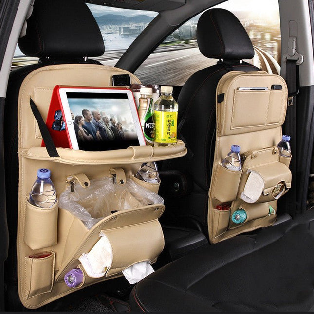 Leather Car Seat Back Organizer with Foldable Tray – Tablet Holder & Storage PocketsBeige6