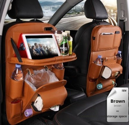 Leather Car Seat Back Organizer with Foldable Tray – Tablet Holder & Storage PocketsBrown7