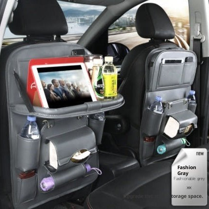 Leather Car Seat Back Organizer with Foldable Tray – Tablet Holder & Storage PocketsGrey3
