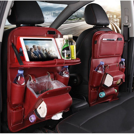 Leather Car Seat Back Organizer with Foldable Tray – Tablet Holder & Storage PocketsWine Red8