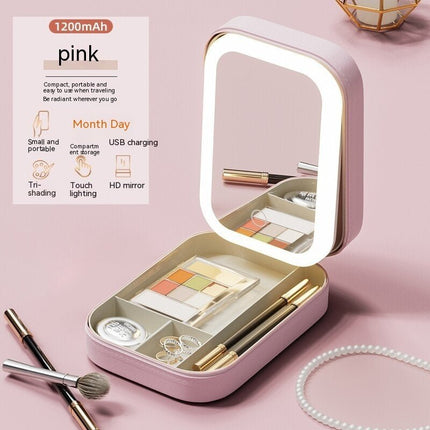 Makeup Storage Box with LED Mirror – Touch Light Cosmetic Organizer for Vanity & TravelCherry Blossom Pink6