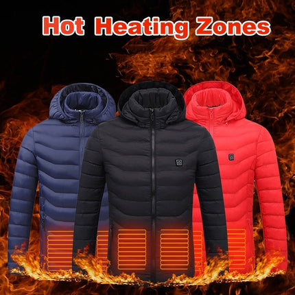 Men's Heated Puffer Jacket – USB Electric Heating Coat with Hood, Up to 9 Heat Zones (Power Bank Not Included)Black – 8 Zones1