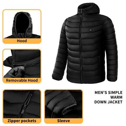 Men's Heated Puffer Jacket – USB Electric Heating Coat with Hood, Up to 9 Heat Zones (Power Bank Not Included)Black – 8 Zones7