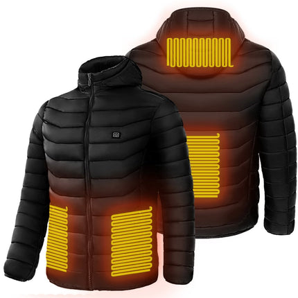 Men's Heated Puffer Jacket – USB Electric Heating Coat with Hood, Up to 9 Heat Zones (Power Bank Not Included)Black – 8 Zones5