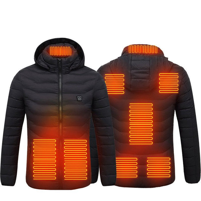 Men's Heated Puffer Jacket – USB Electric Heating Coat with Hood, Up to 9 Heat Zones (Power Bank Not Included)Black – 8 Zones11