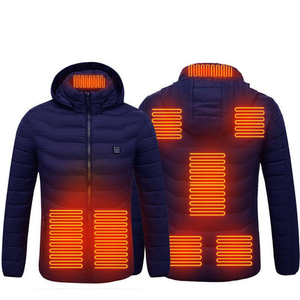 Men's Heated Puffer Jacket – USB Electric Heating Coat with Hood, Up to 9 Heat Zones (Power Bank Not Included)Blue – 8 Zones13
