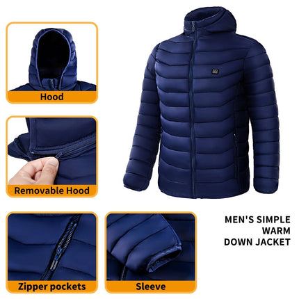 Men's Heated Puffer Jacket – USB Electric Heating Coat with Hood, Up to 9 Heat Zones (Power Bank Not Included)Blue – Standard10