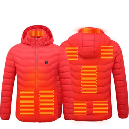 Men's Heated Puffer Jacket – USB Electric Heating Coat with Hood, Up to 9 Heat Zones (Power Bank Not Included)Red – 8 Zones14