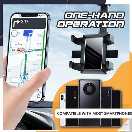 Rearview Mirror Phone Holder – 360° Rotating Clip-On Car Phone Mount with Extendable ArmBlack10