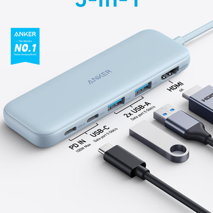 Refurbished Anker <b>332</b> USB - C Hub (5 - in - 1)Misty Blue8