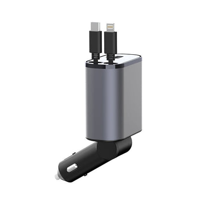 Retractable Car Charger – Fast Charging Car Adapter with 2 Built-In Cables & 2 PortsSilver Gray6