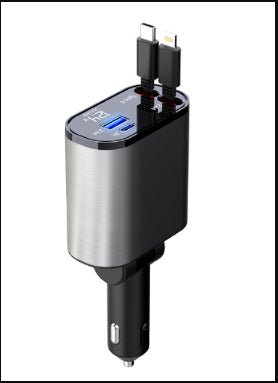 Retractable Car Charger – Fast Charging Car Adapter with 2 Built-In Cables & 2 PortsSilver Gray9
