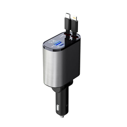 Retractable Car Charger – Fast Charging Car Adapter with 2 Built-In Cables & 2 PortsSilver Gray1