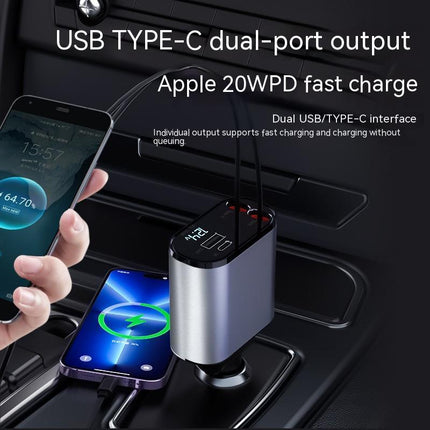 Retractable Car Charger – Fast Charging Car Adapter with 2 Built-In Cables & 2 PortsSilver Gray2
