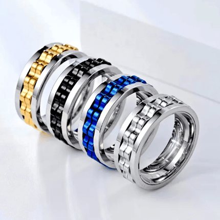Spinner Fidget Ring – Stainless Steel Gear Band Ring for Men, Black, Gold, Blue & Silver (Sizes 6–13)Silver Black7