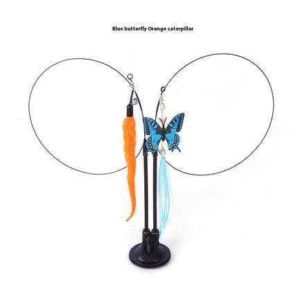 Suction Cup Cat Teaser Toy – Double Spring Wand with Butterfly, Mouse & Feather AttachmentsBlue Butterfly + Caterpillar4
