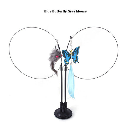 Suction Cup Cat Teaser Toy – Double Spring Wand with Butterfly, Mouse & Feather AttachmentsBlue Butterfly + Gray Mouse9