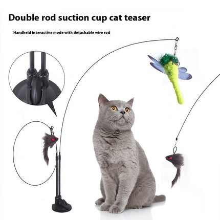 Suction Cup Cat Teaser Toy – Double Spring Wand with Butterfly, Mouse & Feather AttachmentsBlue Fish + Gray Mouse18