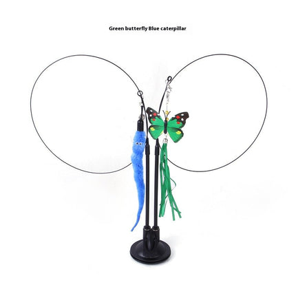 Suction Cup Cat Teaser Toy – Double Spring Wand with Butterfly, Mouse & Feather AttachmentsGreen Butterfly + Caterpillar6