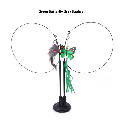 Suction Cup Cat Teaser Toy – Double Spring Wand with Butterfly, Mouse & Feather AttachmentsGreen Butterfly + Gray Mouse15