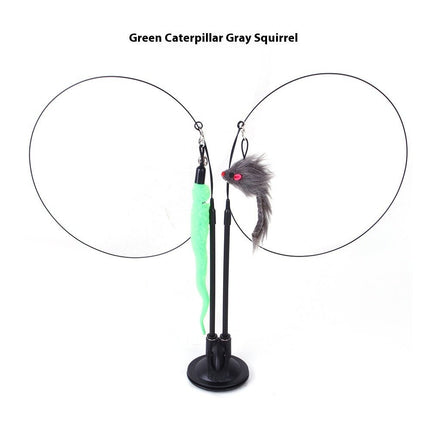 Suction Cup Cat Teaser Toy – Double Spring Wand with Butterfly, Mouse & Feather AttachmentsGreen Caterpillar + Gray Mouse14